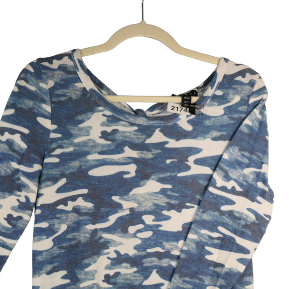 Tribal Blue Camo T Shirt Tee Top Womens XS Soft Tie Back Lightweight Long Sleeve - Picture 2 of 6